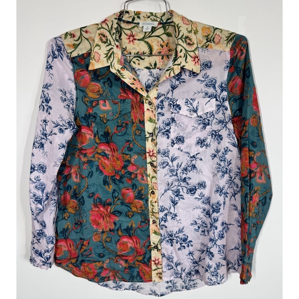 Sundance Lightweight Long Sleeve Patchwork Button Up Shirt Blouse Women's M Boho